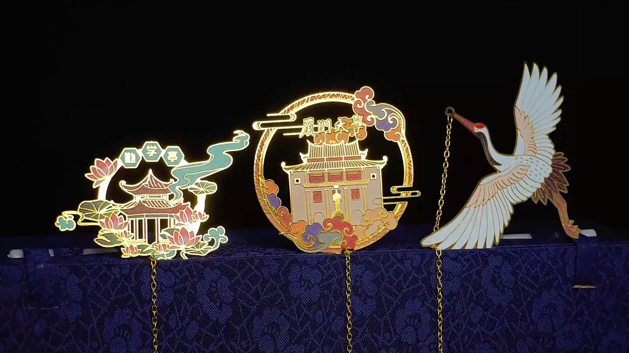 金属书签定制黄铜镂空团扇订做创意古典中国风烤漆羽毛logo纪念品